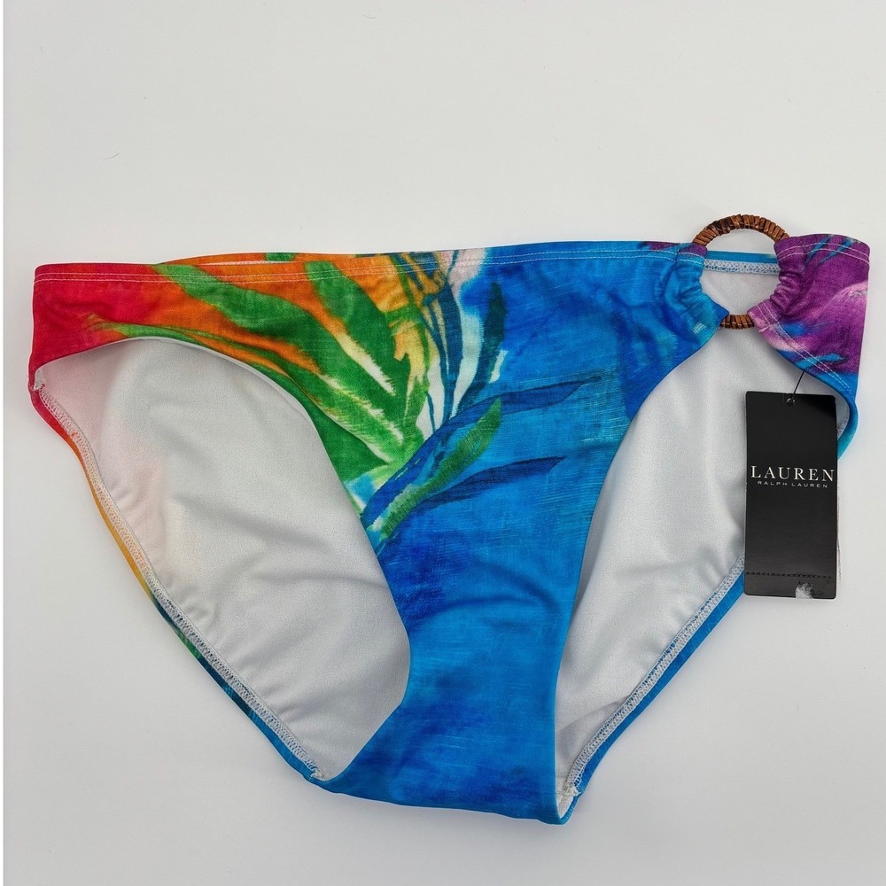 Lauren Ralph Lauren Size 6 Tropical Palm Ring Bikini Bottom Blue Multi-Color